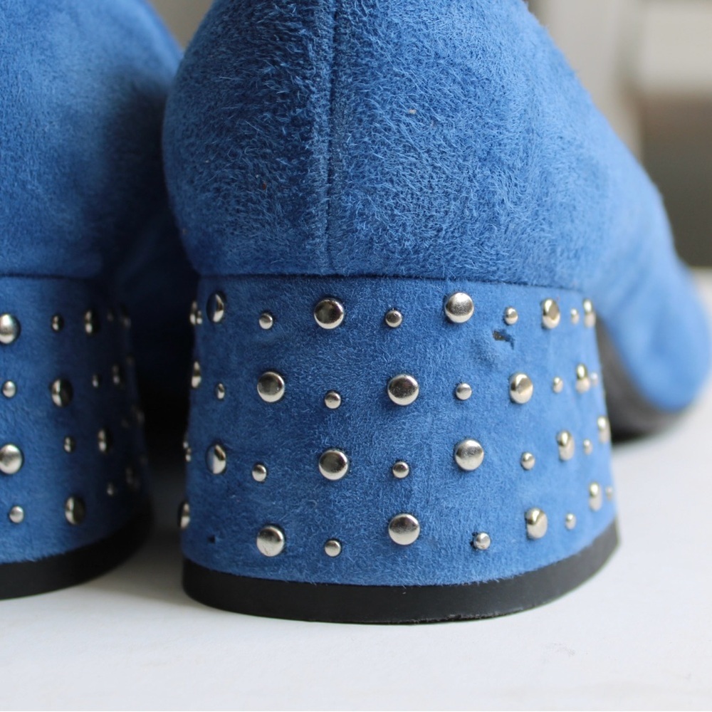 Pas de Rouge Blue Suede Round Toe Embellished Studded Block Heel 2190 Size 7.5 - Picture 5 of 9